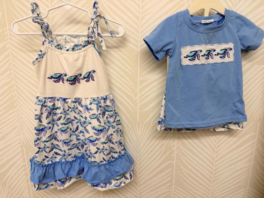Sibling Match Sea Turtle Embroidered Matching Dress and Set Girls 2t Boys 6/12m